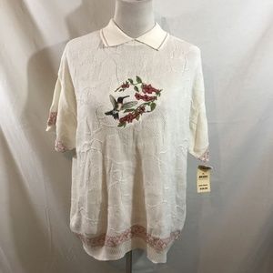 Chelsea Gardens white short sleeve collared top, embroidered humming bird - wome
